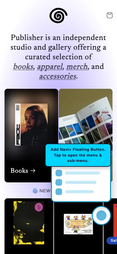 Navi+ FAB on the Publisher Shopify theme Navi+ FAB on the Publisher Shopify theme