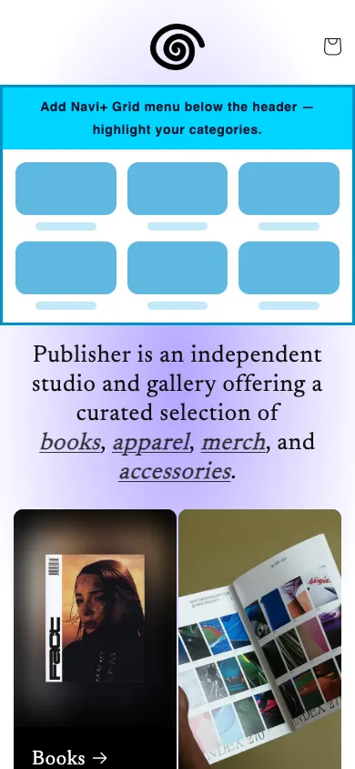 Navi+ Grid Menu on the Publisher Shopify theme Navi+ Grid Menu on the Publisher Shopify theme