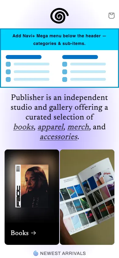 Navi+ mobile Mega Menu on the Publisher Shopify theme Navi+ mobile Mega Menu on the Publisher Shopify theme