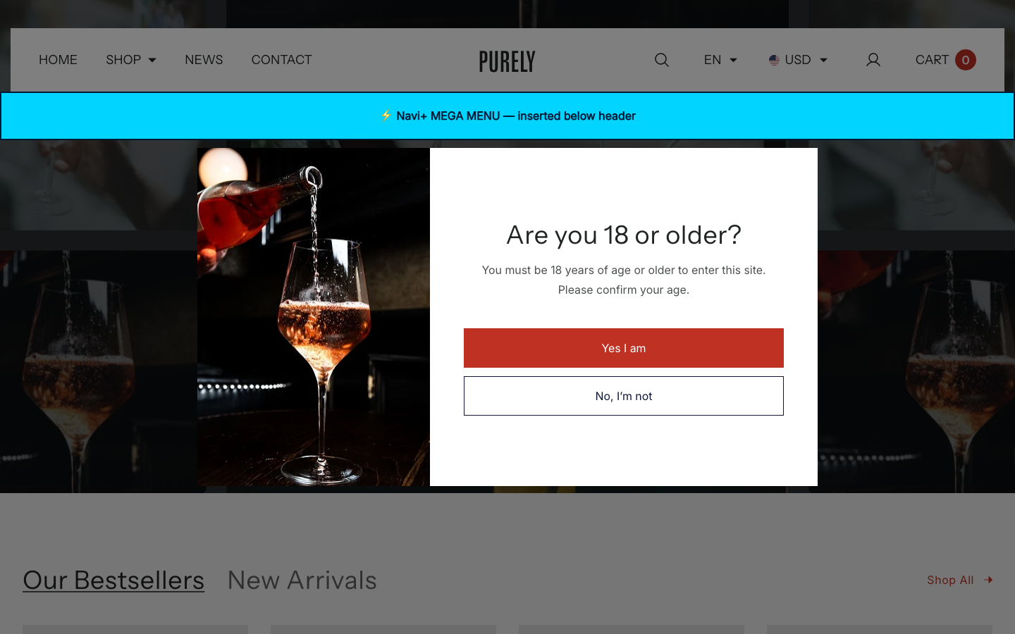 Menu inserted below header — Navi+ on the Purely Shopify theme Menu inserted below header — Navi+ on the Purely Shopify theme