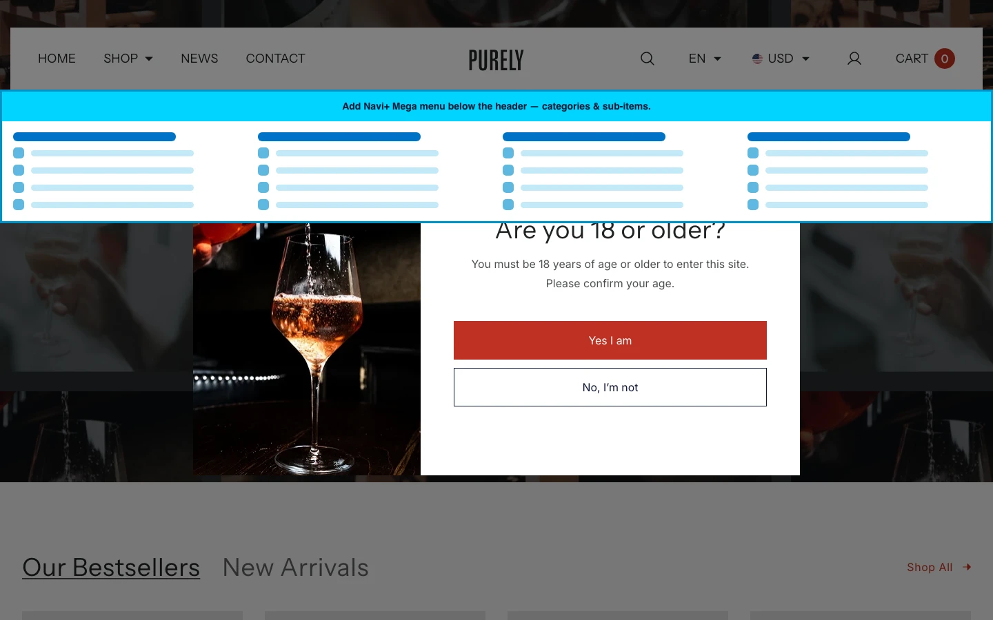 Navi+ Mega Menu inserted below the header on the Purely Shopify theme Navi+ Mega Menu inserted below the header on the Purely Shopify theme