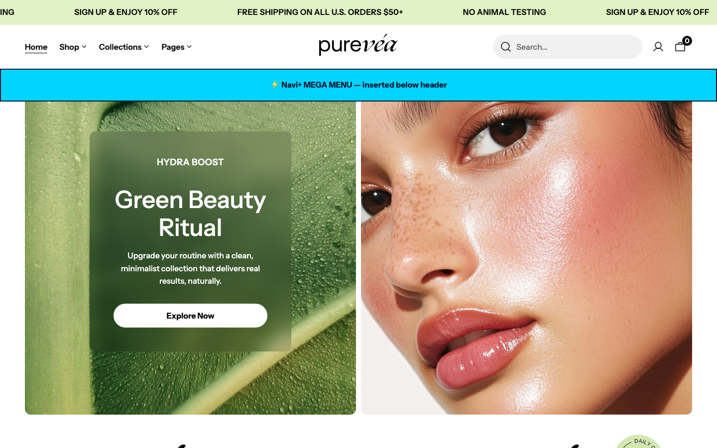 Menu inserted below header — Navi+ on the Purevea Shopify theme Menu inserted below header — Navi+ on the Purevea Shopify theme