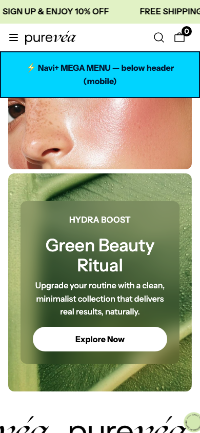Menu inserted below header — Navi+ on the Purevea Shopify theme Menu inserted below header — Navi+ on the Purevea Shopify theme