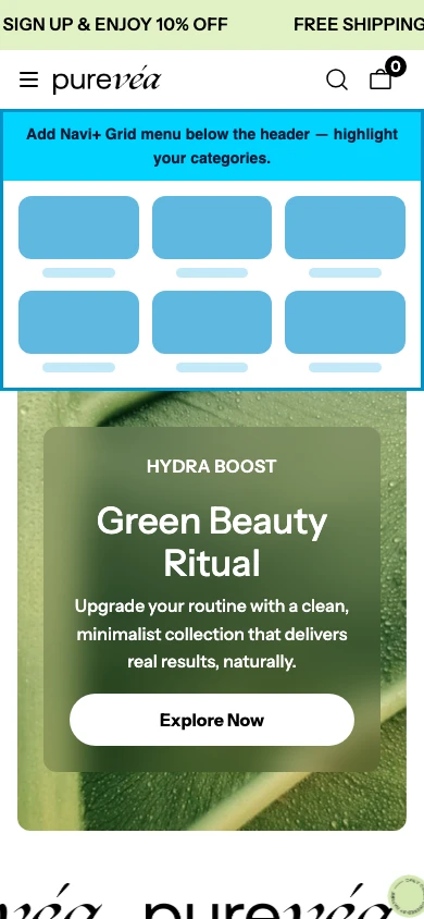 Navi+ Grid Menu on the Purevea Shopify theme Navi+ Grid Menu on the Purevea Shopify theme