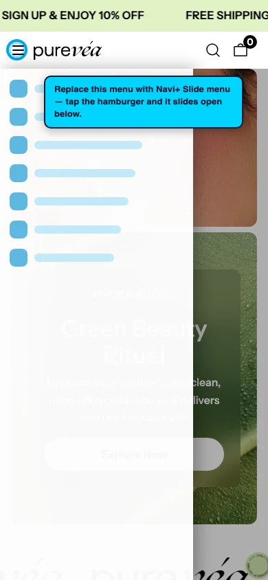 Navi+ Slide Menu on the Purevea Shopify theme Navi+ Slide Menu on the Purevea Shopify theme