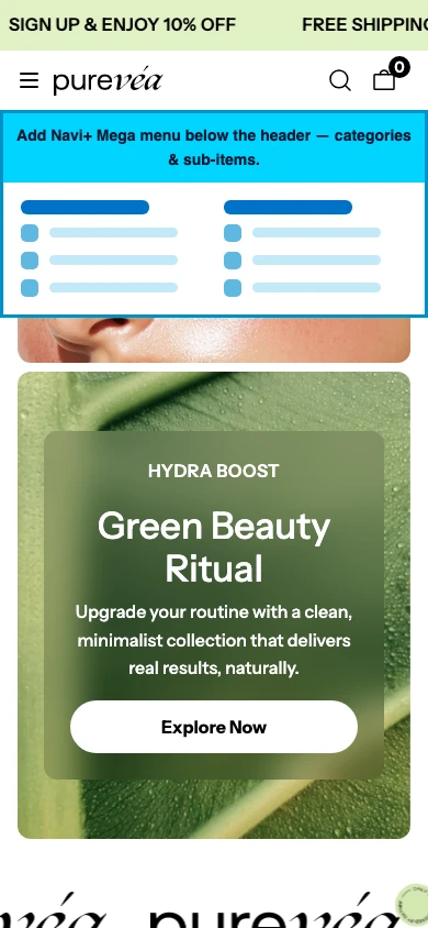 Navi+ mobile Mega Menu on the Purevea Shopify theme Navi+ mobile Mega Menu on the Purevea Shopify theme