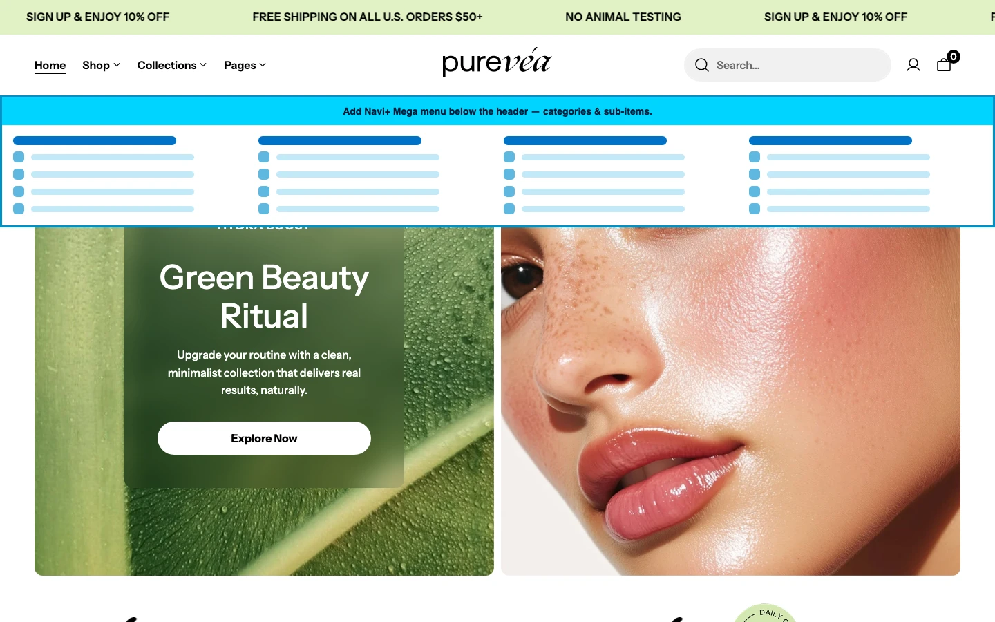 Navi+ Mega Menu inserted below the header on the Purevea Shopify theme Navi+ Mega Menu inserted below the header on the Purevea Shopify theme