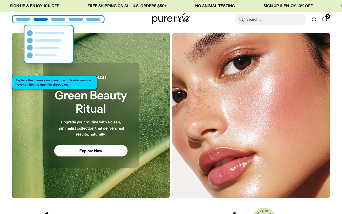 Navi+ Mega Menu replacing the desktop menu on the Purevea Shopify theme Navi+ Mega Menu replacing the desktop menu on the Purevea Shopify theme