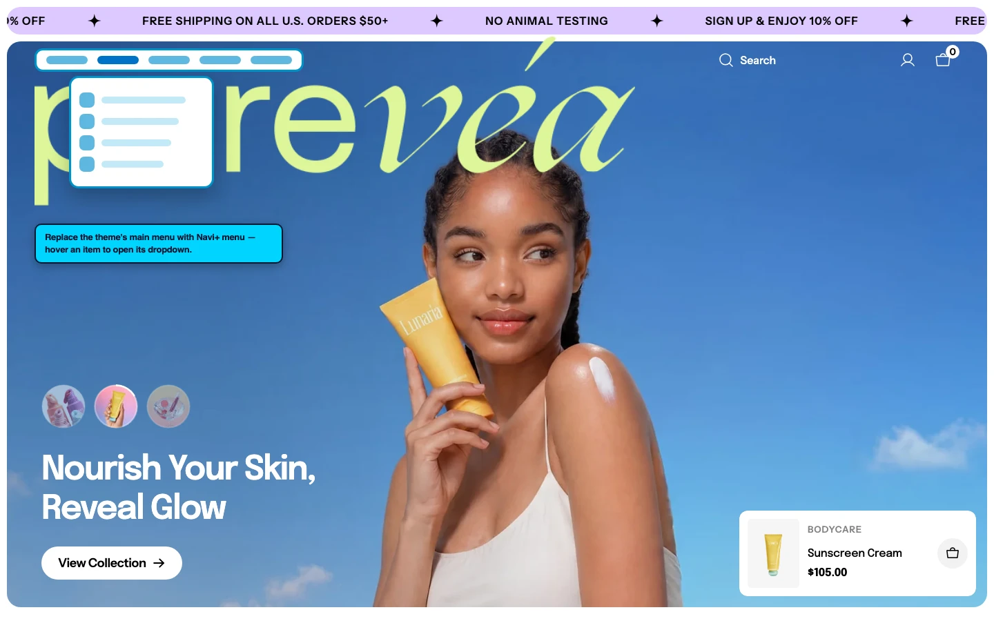 Navi+ Mega Menu replacing the desktop menu on the Purevea Shopify theme Navi+ Mega Menu replacing the desktop menu on the Purevea Shopify theme