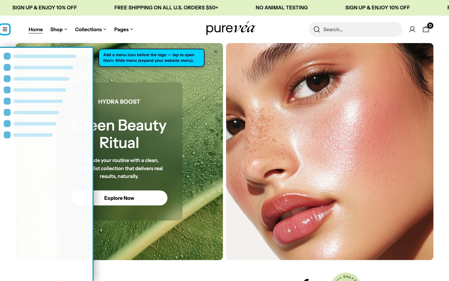 Navi+ trigger icon before the logo on the Purevea Shopify theme Navi+ trigger icon before the logo on the Purevea Shopify theme