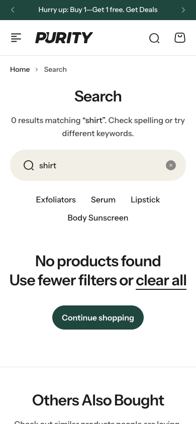 Search → panel opened — Navi+ on the Purity Shopify theme