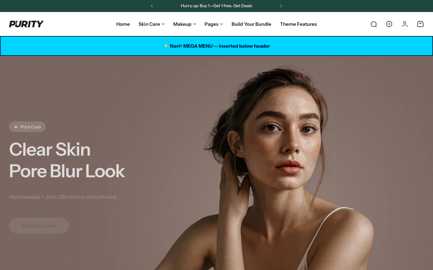Menu inserted below header — Navi+ on the Purity Shopify theme