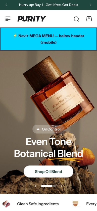 Menu inserted below header — Navi+ on the Purity Shopify theme
