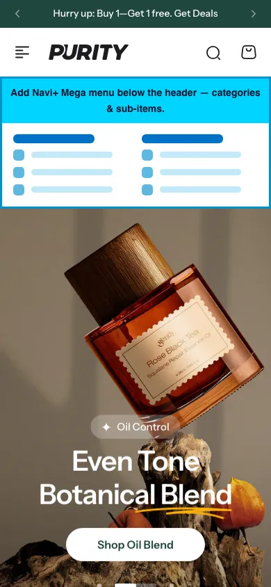 Navi+ mobile Mega Menu on the Purity Shopify theme Navi+ mobile Mega Menu on the Purity Shopify theme