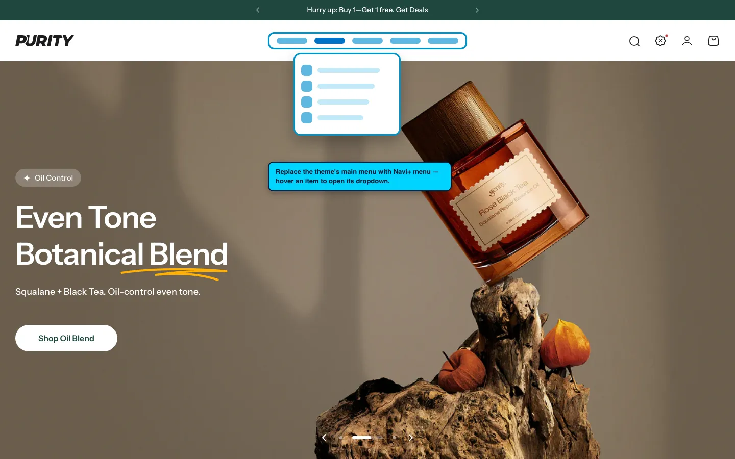 Navi+ Mega Menu replacing the desktop menu on the Purity Shopify theme Navi+ Mega Menu replacing the desktop menu on the Purity Shopify theme