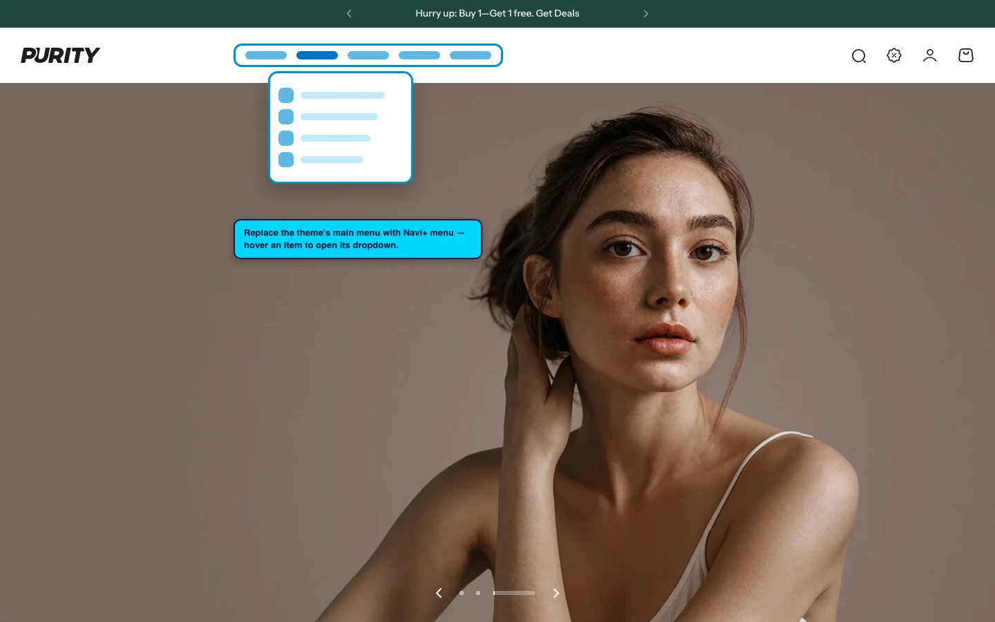 Navi+ Mega Menu replacing the desktop menu on the Purity Shopify theme Navi+ Mega Menu replacing the desktop menu on the Purity Shopify theme