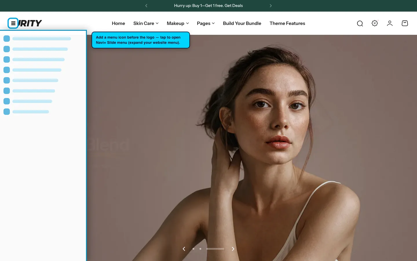 Navi+ trigger icon before the logo on the Purity Shopify theme Navi+ trigger icon before the logo on the Purity Shopify theme