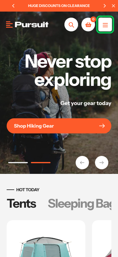 Hamburger → panel opened — Navi+ on the Pursuit Shopify theme Hamburger → panel opened — Navi+ on the Pursuit Shopify theme