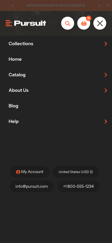 Hamburger → panel opened — Navi+ on the Pursuit Shopify theme Hamburger → panel opened — Navi+ on the Pursuit Shopify theme
