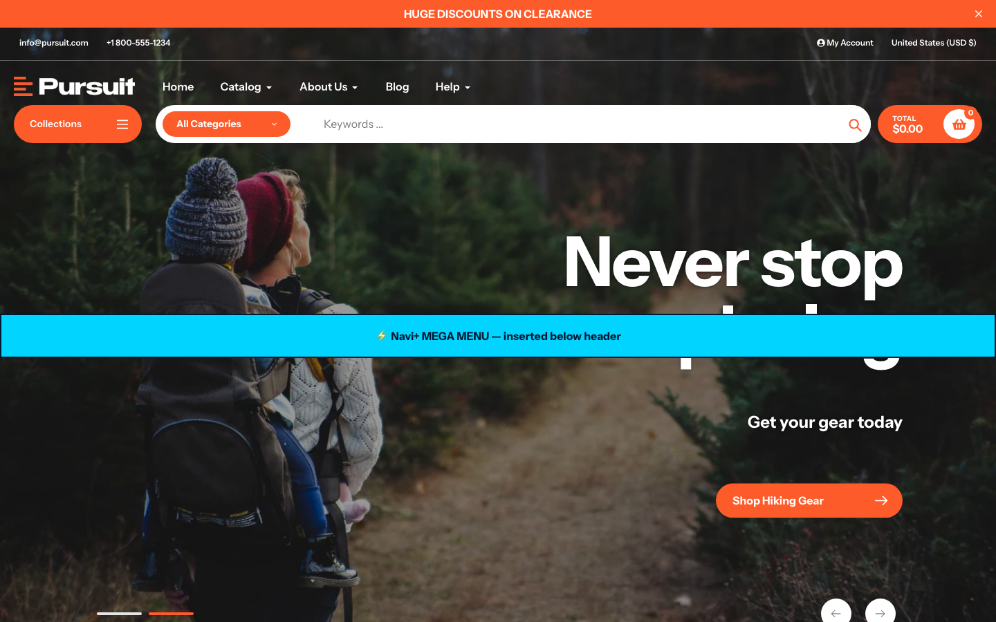 Menu inserted below header — Navi+ on the Pursuit Shopify theme Menu inserted below header — Navi+ on the Pursuit Shopify theme