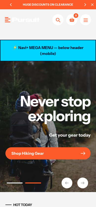 Menu inserted below header — Navi+ on the Pursuit Shopify theme Menu inserted below header — Navi+ on the Pursuit Shopify theme
