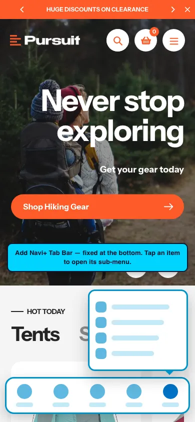 Navi+ Tab Bar on the Pursuit Shopify theme