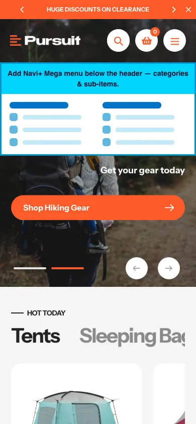 Navi+ mobile Mega Menu on the Pursuit Shopify theme
