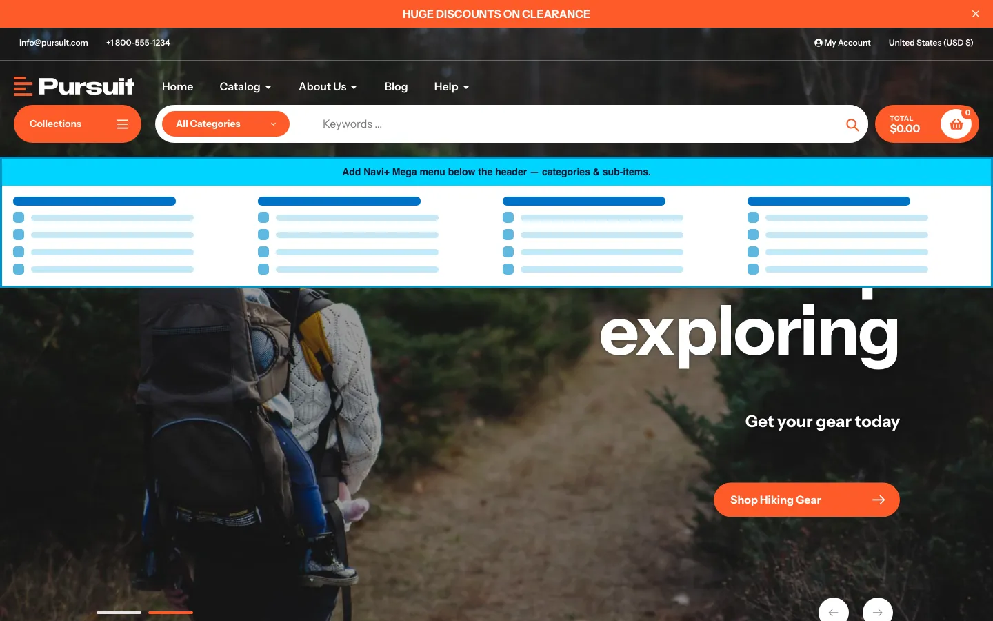 Navi+ Mega Menu inserted below the header on the Pursuit Shopify theme