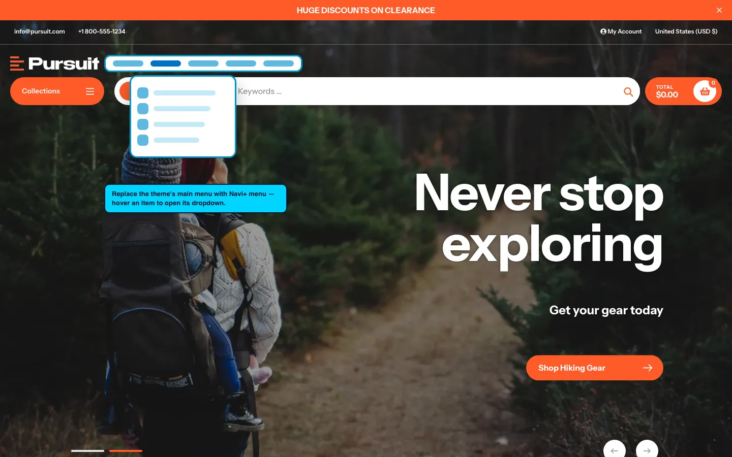 Navi+ Mega Menu replacing the desktop menu on the Pursuit Shopify theme