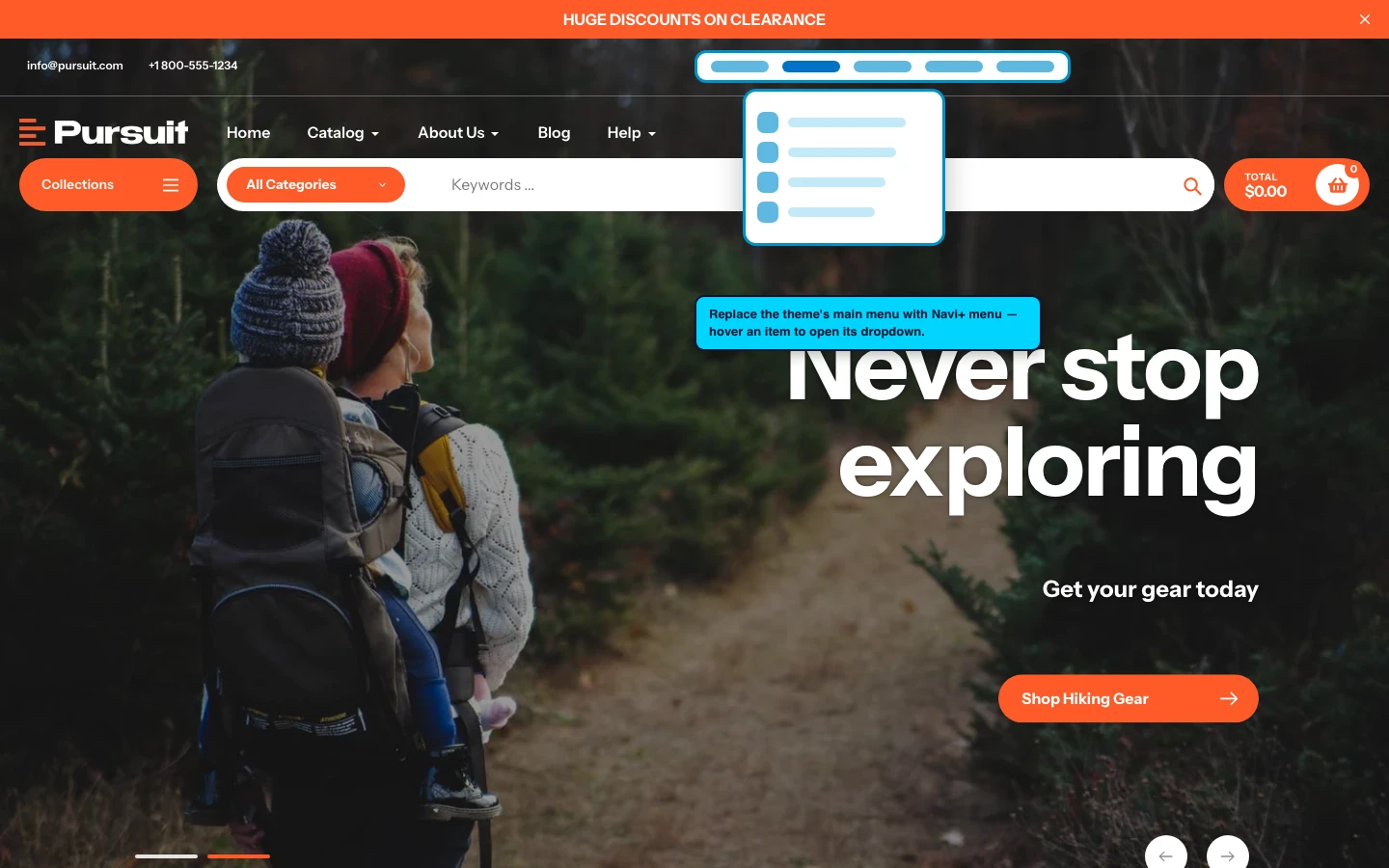 Navi+ Mega Menu replacing the desktop menu on the Pursuit Shopify theme Navi+ Mega Menu replacing the desktop menu on the Pursuit Shopify theme