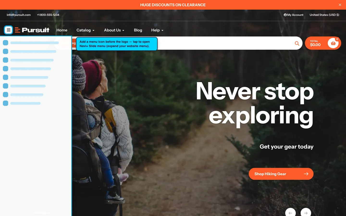 Navi+ trigger icon before the logo on the Pursuit Shopify theme