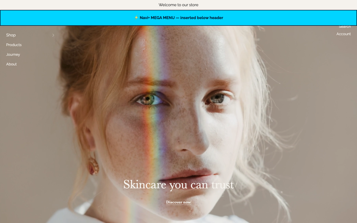 Menu inserted below header — Navi+ on the Rad Shopify theme Menu inserted below header — Navi+ on the Rad Shopify theme