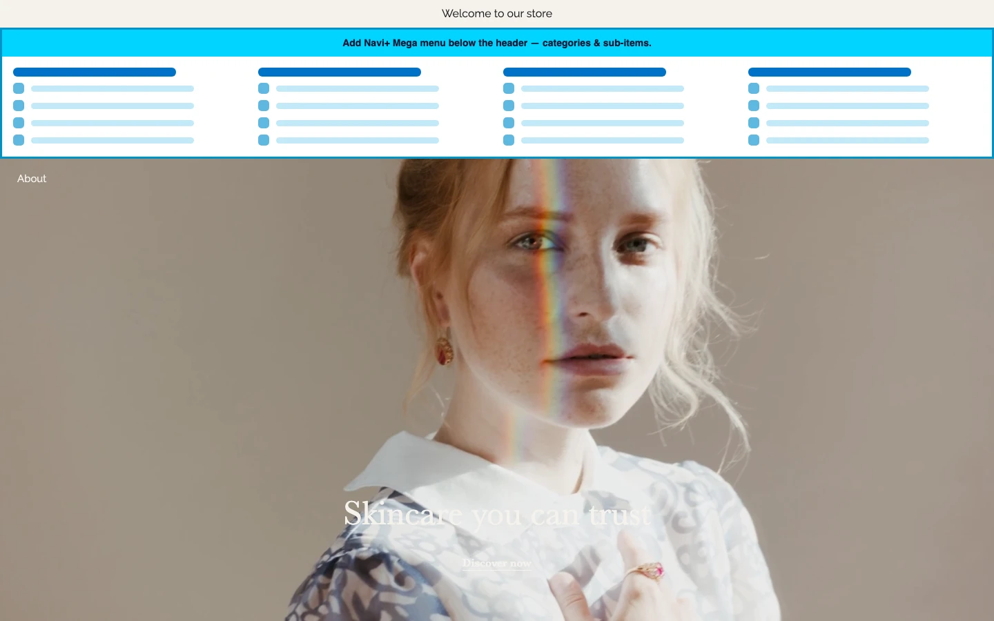 Navi+ Mega Menu inserted below the header on the Rad Shopify theme Navi+ Mega Menu inserted below the header on the Rad Shopify theme
