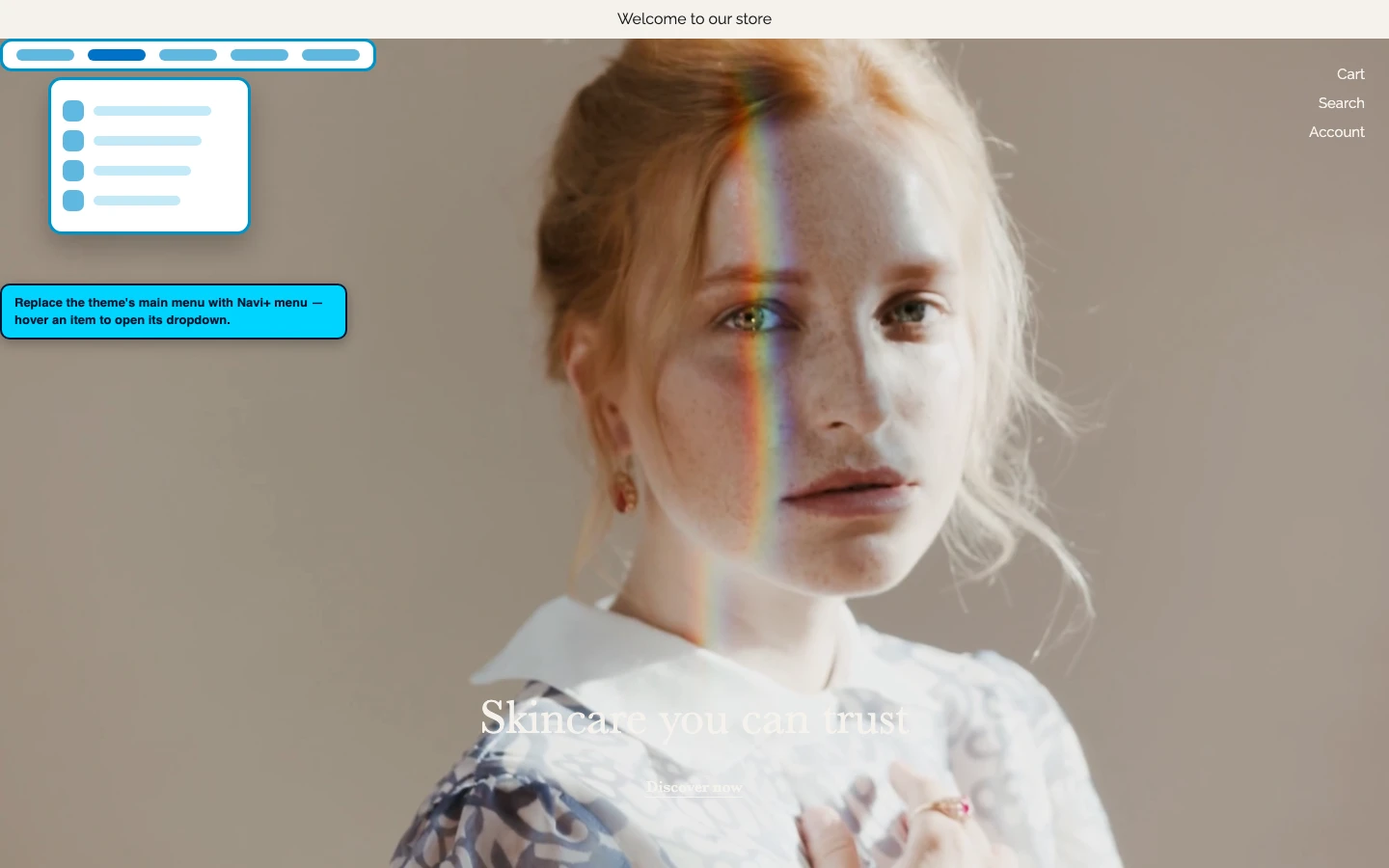 Navi+ Mega Menu replacing the desktop menu on the Rad Shopify theme Navi+ Mega Menu replacing the desktop menu on the Rad Shopify theme