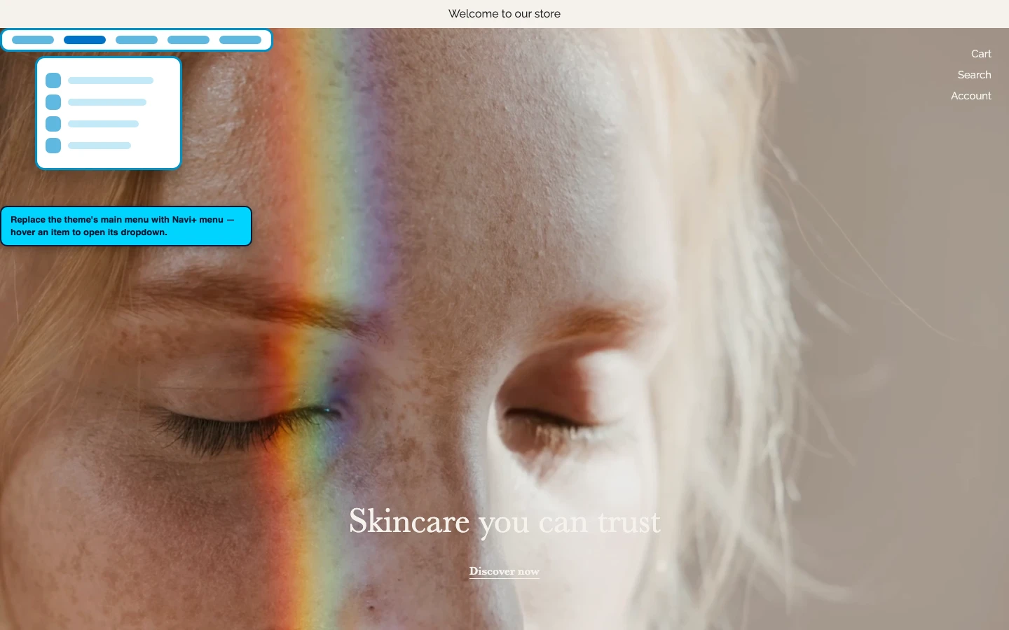 Navi+ Mega Menu replacing the desktop menu on the Rad Shopify theme Navi+ Mega Menu replacing the desktop menu on the Rad Shopify theme