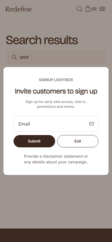 Search → panel opened — Navi+ on the Redefine Shopify theme