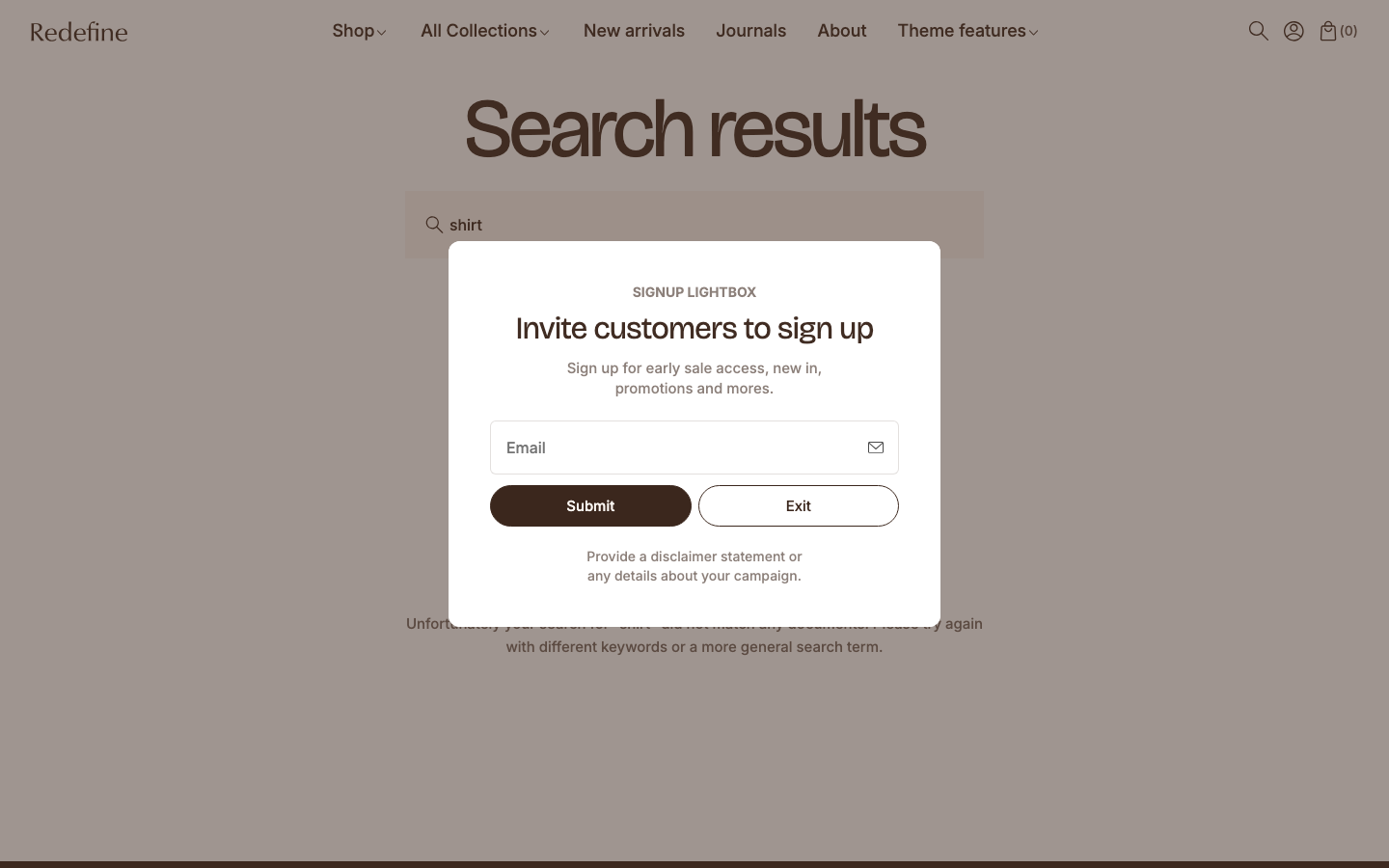 Search → panel opened — Navi+ on the Redefine Shopify theme