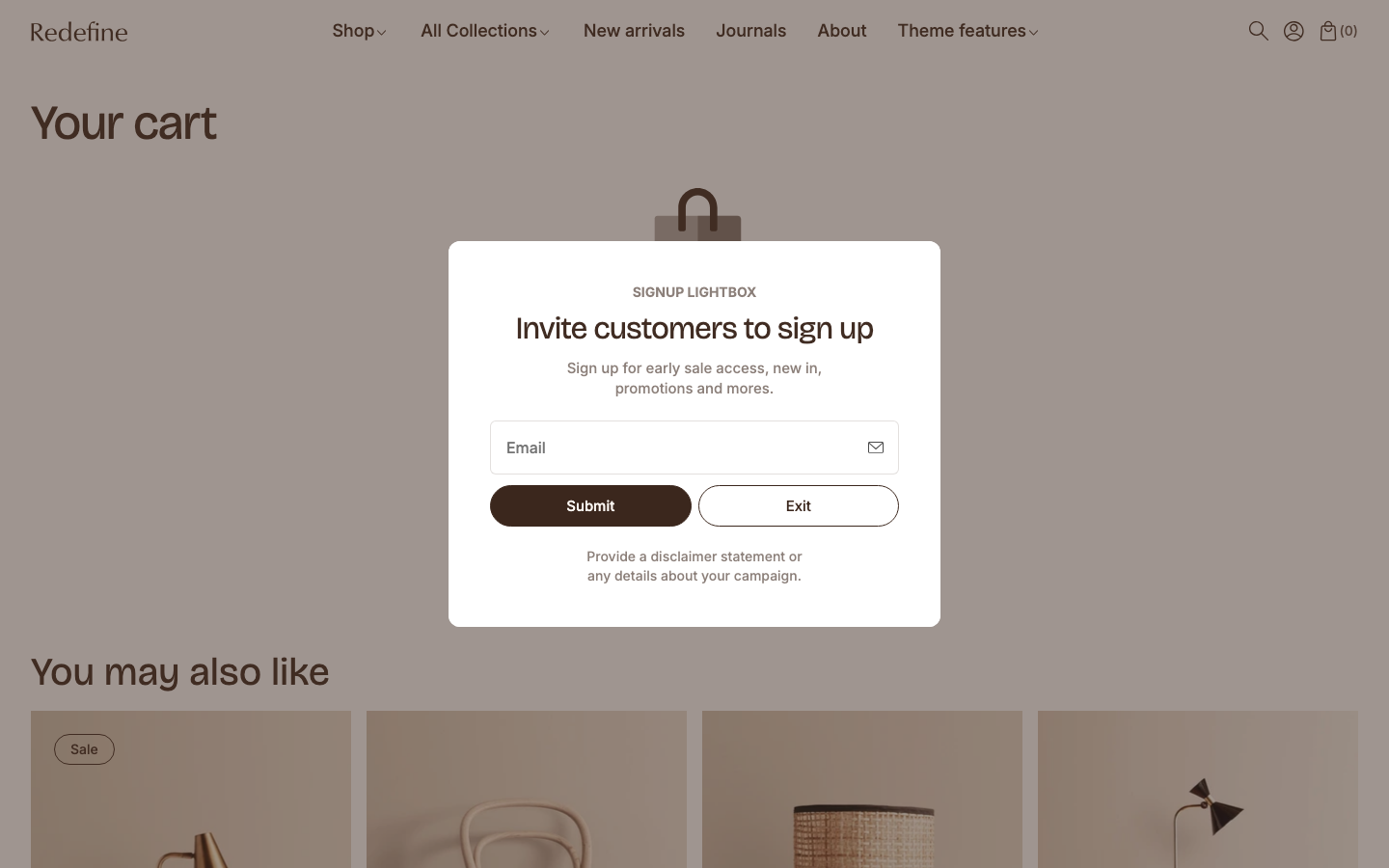 Cart → panel opened — Navi+ on the Redefine Shopify theme
