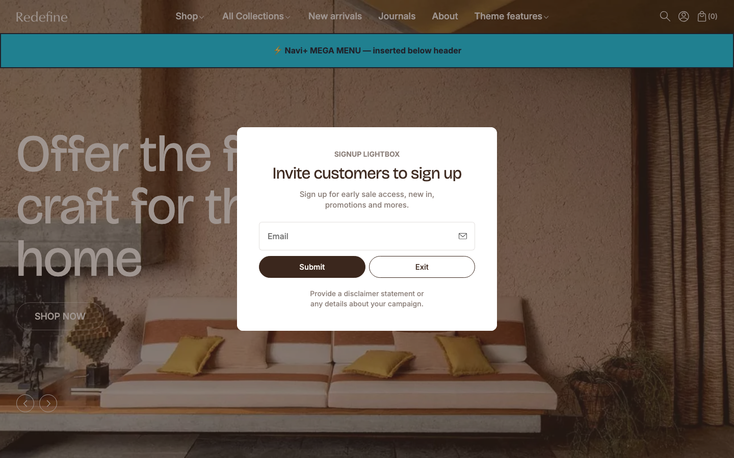 Menu inserted below header — Navi+ on the Redefine Shopify theme