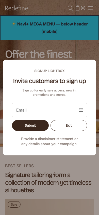 Menu inserted below header — Navi+ on the Redefine Shopify theme