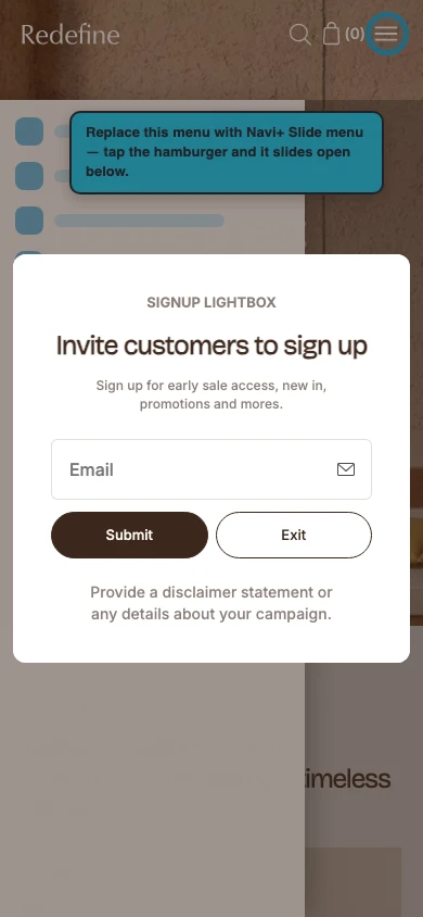Navi+ Slide Menu on the Redefine Shopify theme