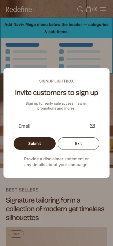 Navi+ mobile Mega Menu on the Redefine Shopify theme