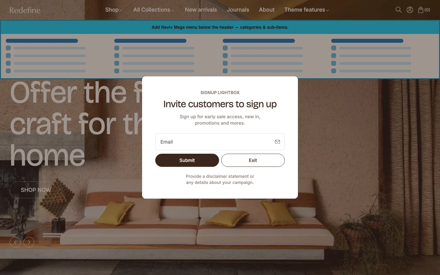 Navi+ Mega Menu inserted below the header on the Redefine Shopify theme