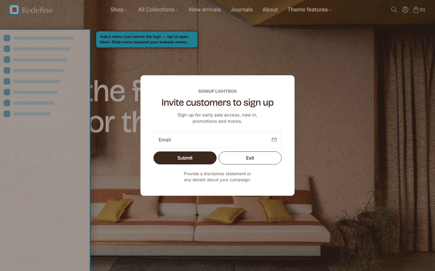 Navi+ trigger icon before the logo on the Redefine Shopify theme