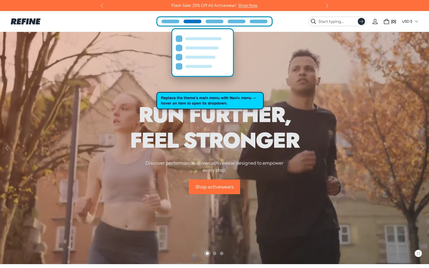 Navi+ Mega Menu replacing the desktop menu on the Refine Shopify theme