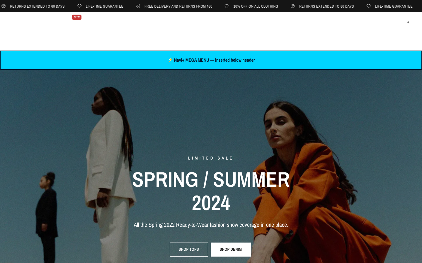 Menu inserted below header — Navi+ on the Reformation Shopify theme Menu inserted below header — Navi+ on the Reformation Shopify theme