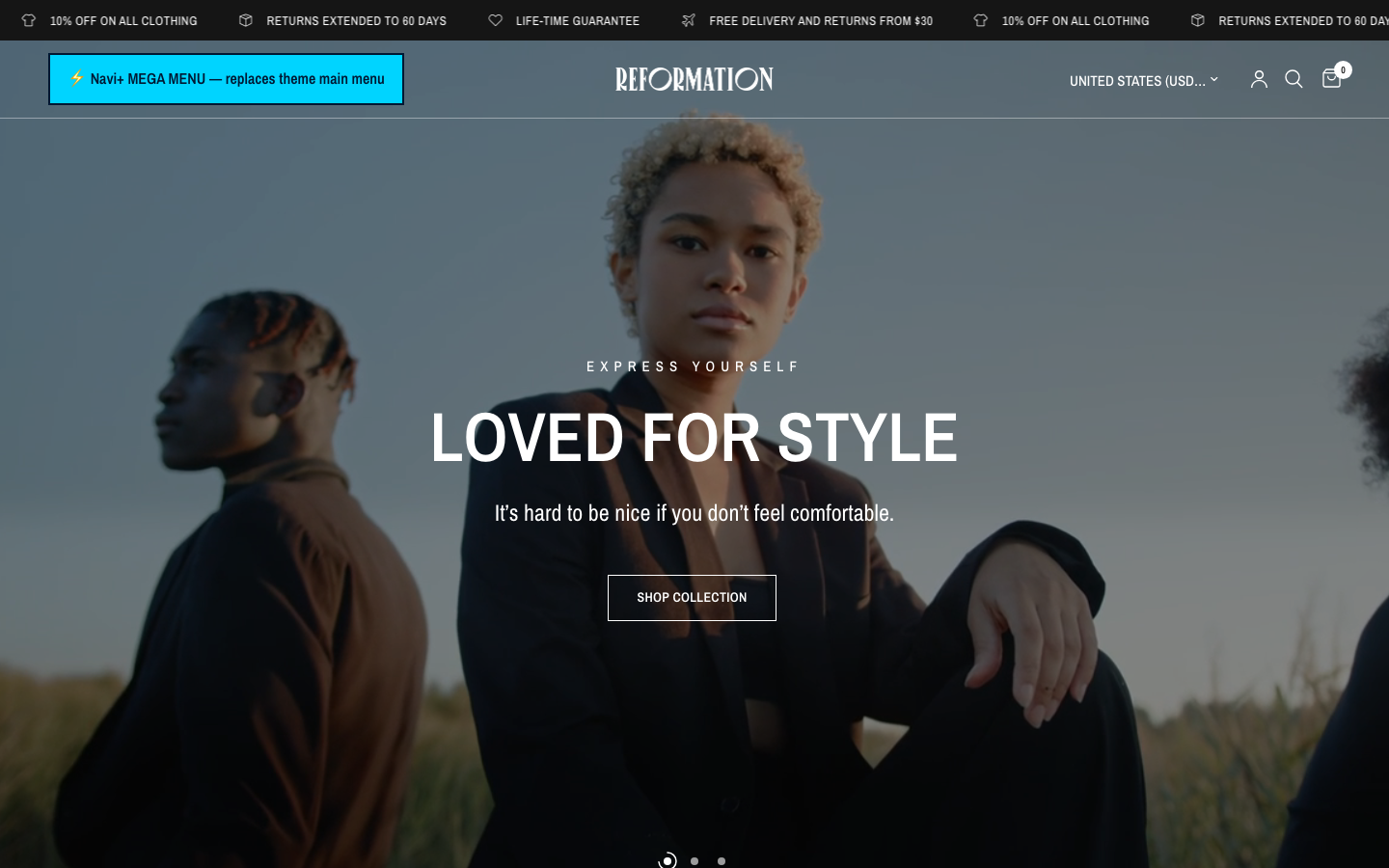 Replace main menu — Navi+ on the Reformation Shopify theme Replace main menu — Navi+ on the Reformation Shopify theme