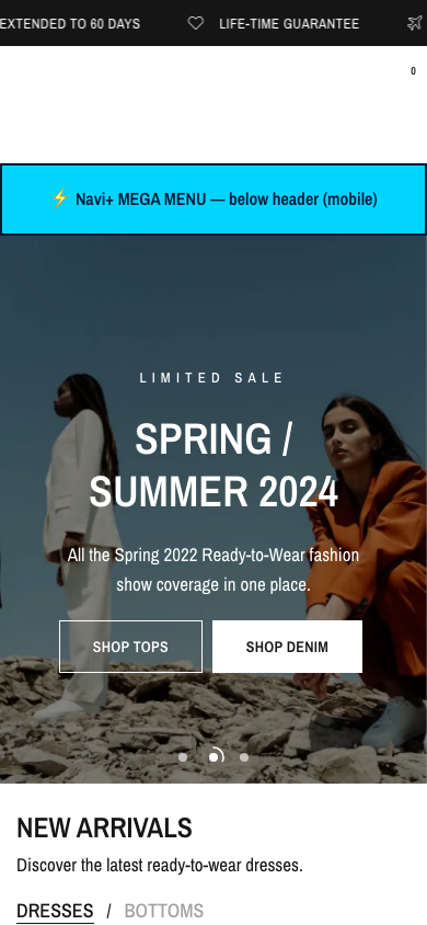 Menu inserted below header — Navi+ on the Reformation Shopify theme Menu inserted below header — Navi+ on the Reformation Shopify theme