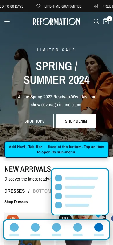 Navi+ Tab Bar on the Reformation Shopify theme Navi+ Tab Bar on the Reformation Shopify theme