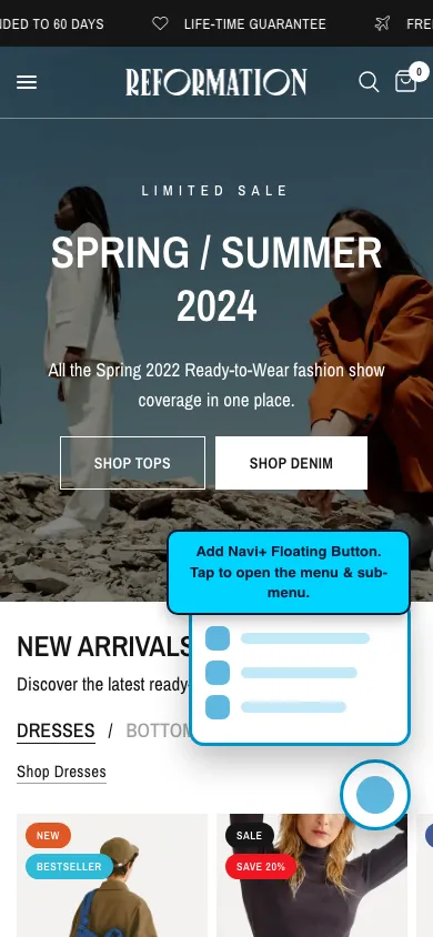 Navi+ FAB on the Reformation Shopify theme Navi+ FAB on the Reformation Shopify theme